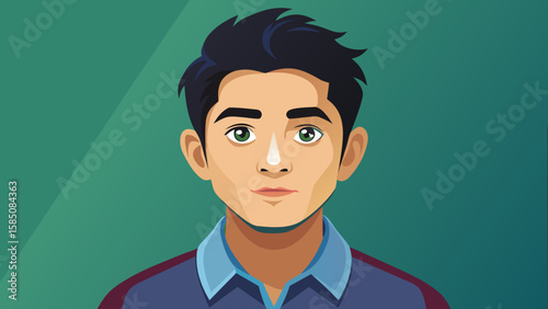 Vector art of a modern cartoon portrait illustration of a young asian man with dark hair and expressive eyes