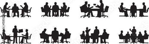 Business meeting silhouettes people sitting and standing around tables discussion vector, isolated on white background, cutout, png, clipping path, transparent, image, download, 2025,2026 download