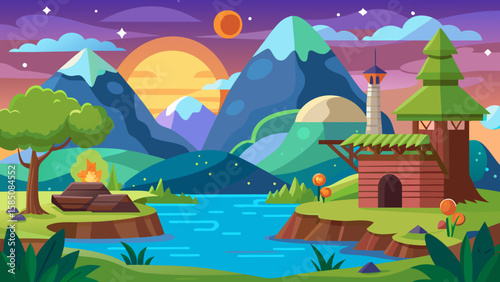 Vector art of a breathtaking sunset landscape with majestic mountains, a tranquil river, a cozy cabin, and a campfire glowing warmly under a colorful twilight sky