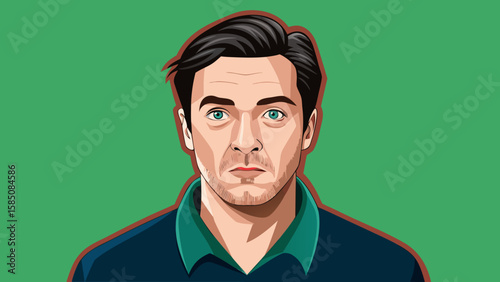Vector art of a striking illustration of a man with intense blue eyes and dark hair, captured in a thoughtful portrait against a simple green background