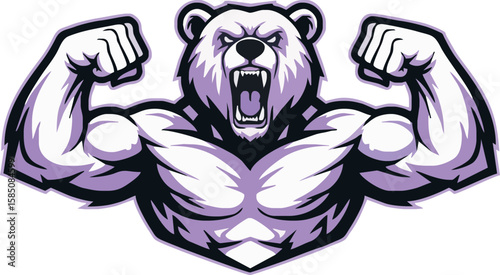 A muscular, fierce polar bear flexing its arms in a powerful, aggressive pose.