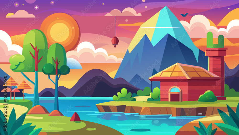 Fototapeta premium Vector art of a vibrant cartoon landscape featuring majestic mountains, a winding river, and a charming house under a colorful sunset sky