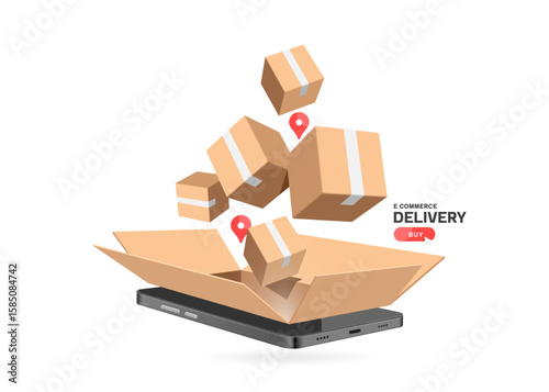 parcel boxes or cardboard boxes are floating in mid-air with pins indicating delivery location to customers, all on smartphone screen, vector 3d isolated for e commerce, delivery, online shopping