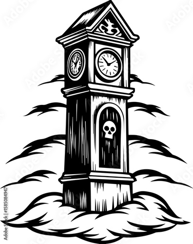 SVG of a bone cathedral rising above skeletal cities, designed for bold tattoo art. Mysterious Tower Clock Surrounded by Dark Clouds and Skulls