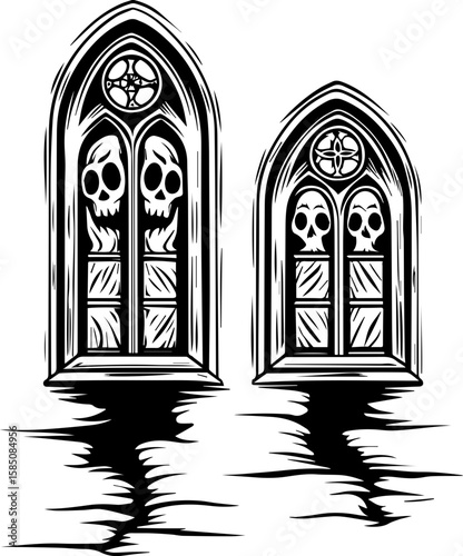 SVG of a bone cathedral rising above skeletal cities, designed for bold tattoo art. Spooky Gothic Windows with Skull Designs for Halloween Decor