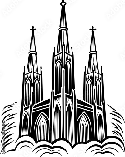 SVG of a bone cathedral rising above skeletal cities, designed for bold tattoo art. Gothic Cathedral Design with Steeples and Ornate Architecture Elements
