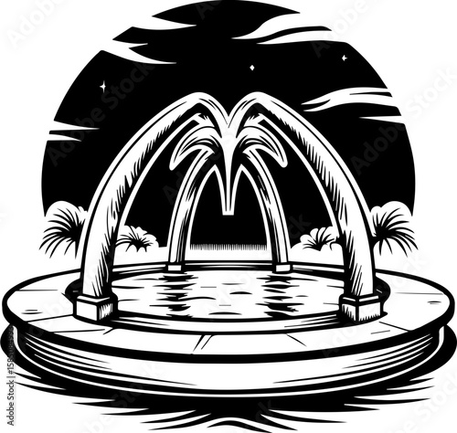 SVG of a bone cathedral rising above skeletal cities, designed for bold tattoo art. Elegant Fountain Under Moonlit Sky with Tropical Palms Surrounding