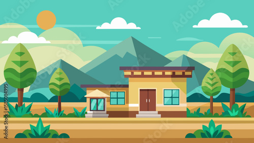 Vector art of a modern suburban house sits nestled in a serene landscape with rolling hills and distant mountains under a clear sky