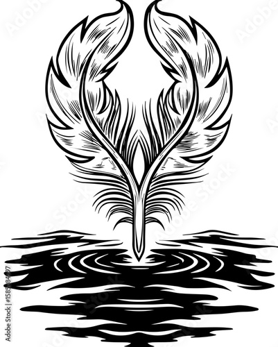SVG of a bone cathedral rising above skeletal cities, designed for bold tattoo art. Artistic Rendering of Feather Reflection in Calm Water Surface