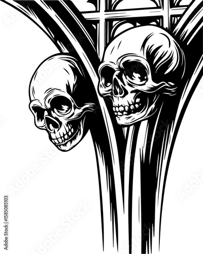 SVG of a bone cathedral rising above skeletal cities, designed for bold tattoo art. Artistic Skull Design with Gothic Architecture Elements in Black and White