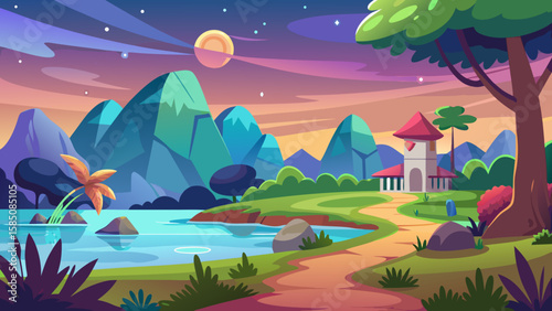 Vector art of a magical twilight landscape unfolds with a tranquil river, majestic mountains, and a winding path leading to a quaint village