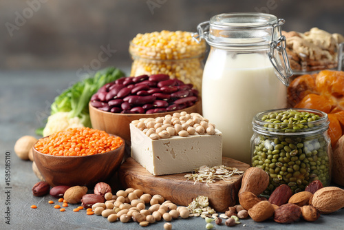 Vegan protein Plant based vegetarian food sources. Healthy eating, diet ingredients