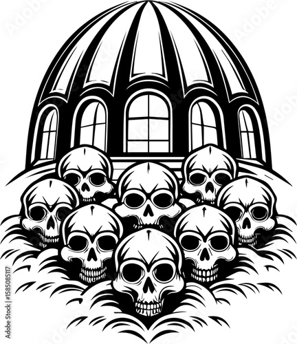 SVG of a bone cathedral rising above skeletal cities, designed for bold tattoo art. Black and White Graphic of Skulls with Dome Architecture Design