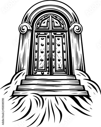 SVG of a bone cathedral rising above skeletal cities, designed for bold tattoo art. Vintage Ornate Door Design Surrounded by Flowing Elements