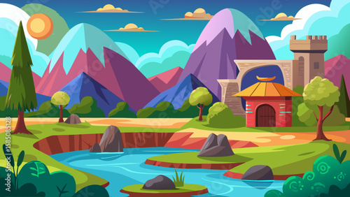 Vector art of a colorful fantasy landscape showcases a winding river, dramatic mountains, and ancient architecture under a bright daytime sky