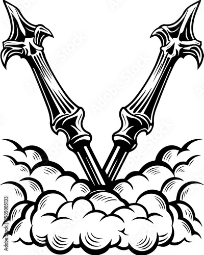 SVG of a bone cathedral rising above skeletal cities, designed for bold tattoo art. Two Gothic Style Spears Emerging from a Cloudy Background