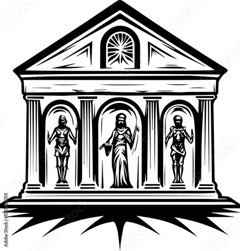 SVG of a bone cathedral rising above skeletal cities, designed for bold tattoo art. Classic Architecture with Statues in a Grand Structure Design