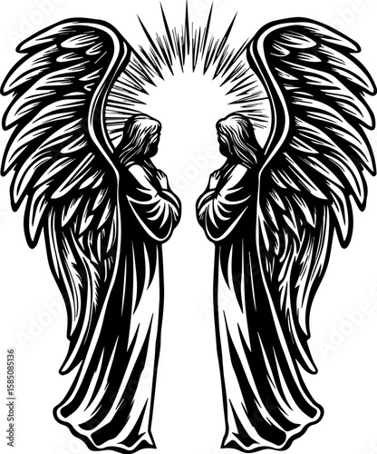 SVG of a bone cathedral rising above skeletal cities, designed for bold tattoo art. Two Majestic Angels with Wings Standing Back to Back in Silhouette
