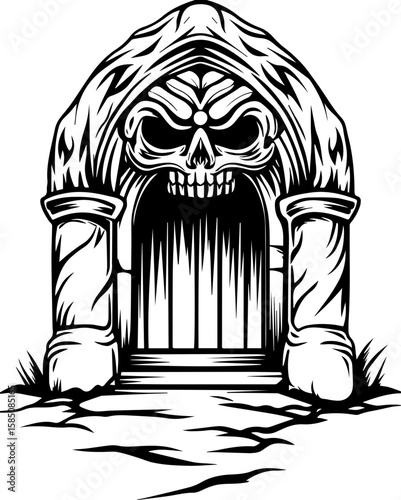 SVG of a bone cathedral rising above skeletal cities, designed for bold tattoo art. Mysterious Skull Doorway Design for Spooky Themes and Halloween