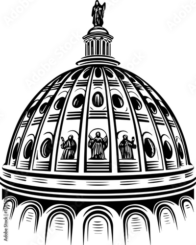 SVG of a bone cathedral rising above skeletal cities, designed for bold tattoo art. Elegant Architectural Dome Illustration with Statues and Angel Figure