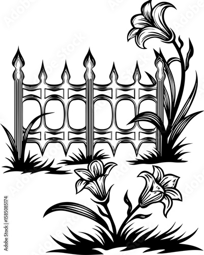SVG of a bone cathedral rising above skeletal cities, designed for bold tattoo art. Decorative Floral Design with Ornate Fence and Elegant Lilies