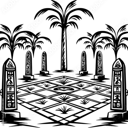 SVG of a bone cathedral rising above skeletal cities, designed for bold tattoo art. Abstract Black and White Illustration of Egyptian-Themed Landscape
