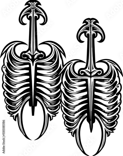 SVG of a bone cathedral rising above skeletal cities, designed for bold tattoo art. Intricate Black and White Illustration of Stylized Skeleton Design