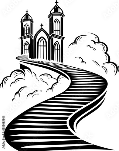SVG of a bone cathedral rising above skeletal cities, designed for bold tattoo art. Artistic Illustration of a Church on a Curved Path Through Clouds
