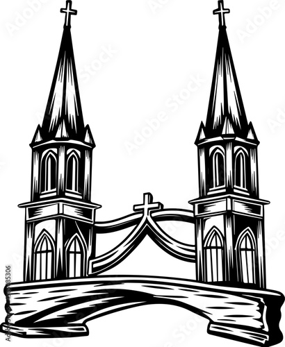 SVG of a bone cathedral rising above skeletal cities, designed for bold tattoo art. Black and White Illustration of Gothic Style Church with Towers