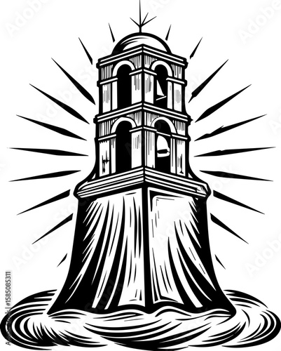 SVG of a bone cathedral rising above skeletal cities, designed for bold tattoo art. Stylized Bell Tower Design with Radiating Light and Waves