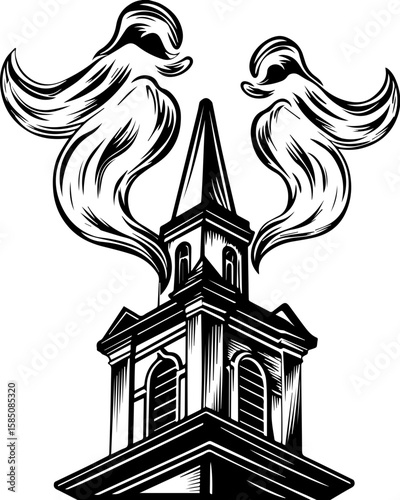 SVG of a bone cathedral rising above skeletal cities, designed for bold tattoo art. Ghostly Apparition Above Historic Church Spire in Black and White