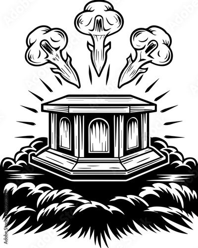 SVG of a bone cathedral rising above skeletal cities, designed for bold tattoo art. Mysterious Monument Surrounded by Eerie Clouds and Skeletal Forms