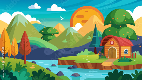 Vector art of a peaceful countryside landscape features a cozy cabin by a river, surrounded by vibrant trees, rolling hills, and a bright, sunny sky