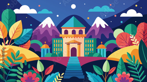 Vector art of a majestic fantasy building stands tall amidst a colorful landscape with snowcapped mountains under a starry night sky