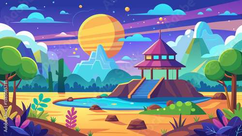 Vector art of a serene fantasy scene features a temple on a hill by a lake under a twilight sky with a large sun and distant mountains