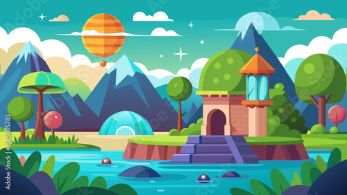 Vector art of a whimsical fantasy landscape showcases a unique building and dome by a river, surrounded by lush greenery and mountains