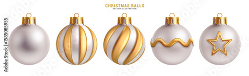 Christmas balls elegant clip art set. Elegant xmas ball embossed with gold pattern like spiral, curve and star clip art collection for seasonal decoration glistering, glossy and shiny elements vector 