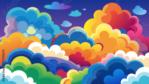 Vector art of a vibrant and colorful sky filled with abstract, dreamlike clouds in various shades of blue, purple, pink, orange, yellow, and green