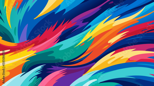 Vector art of a vibrant explosion of colorful paint strokes creates a dynamic and energetic abstract background