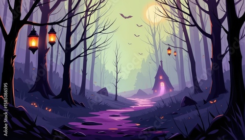 stylized scene of a spooky forest path with fog, hanging lanterns, and hidden eyes in the shadows
