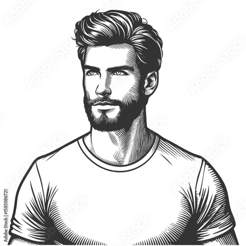 confident man in a V-neck shirt sketch engraving generative ai fictional character vector illustration. Scratch board imitation. Black and white image.