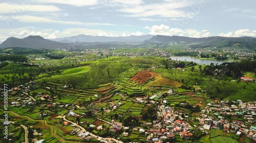 Drone Flight Over Nuwara Eliya City and Surrounding Tea Plantations