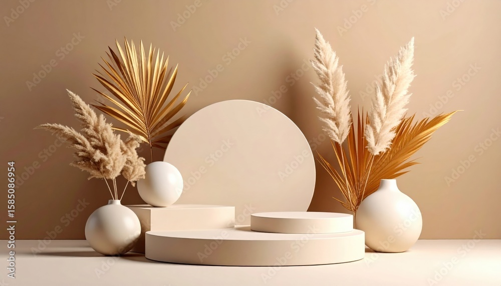 Fototapeta premium Elegant minimalist still life arrangement with natural elements soft earth tones decorative display studio setting close-up view modern aesthetic