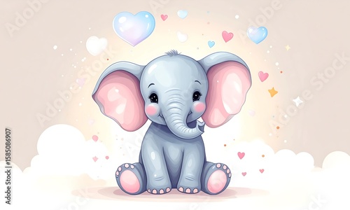 Adorable Watercolor Baby Elephant with Pink Cheeks Surrounded by Floating Hearts and Soft Clouds, Whimsical Nursery Illustration for Baby Shower Decor, Kids' Wall Art, and Children's Design Themes