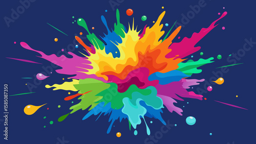 Vector art of a lively explosion of colorful paint splatters radiates outwards, creating an energetic and abstract visual on a dark blue background