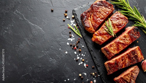 Juicy grilled steak on a stone background with rosemary