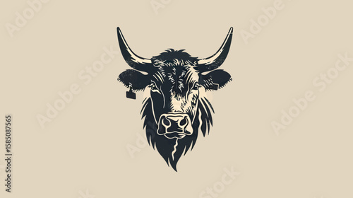 Graphic illustration of a bull's head with large horns, detailed fur, and a tag on its ear, set against a light tan background.