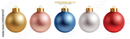 Christmas balls colorful clipart set. Colorful xmas balls clip art with plain, shiny, glossy and round shape bauble object collection for December decorative elements vector illustration.
