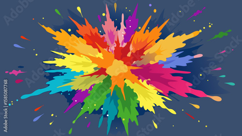 Vector art of an abstract explosion of vivid paint splashes in a spectrum of colors radiates from the center, set against a dark, textured background