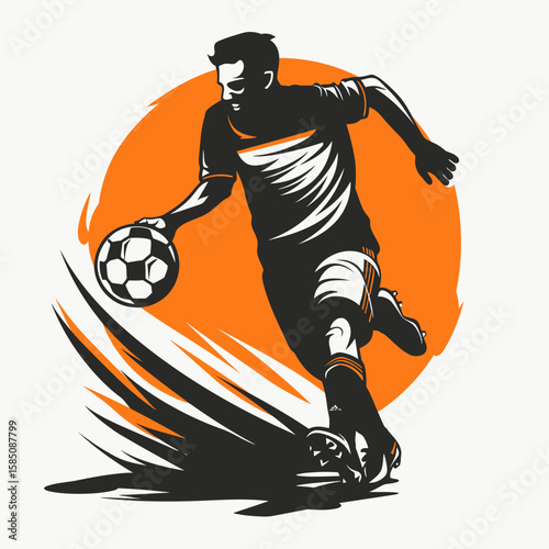 A stylized illustration of a soccer player in motion, dribbling a ball, set against an orange sunburst background.
